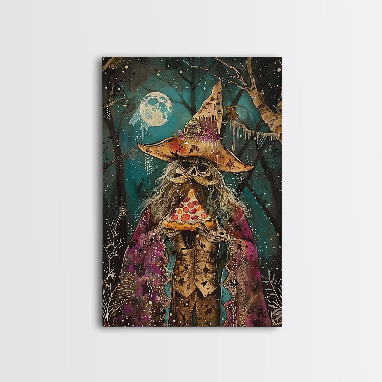 Ghostly Wizard Having A Slice of Pizza, Funny Halloween Decor, Framed Canvas Print
