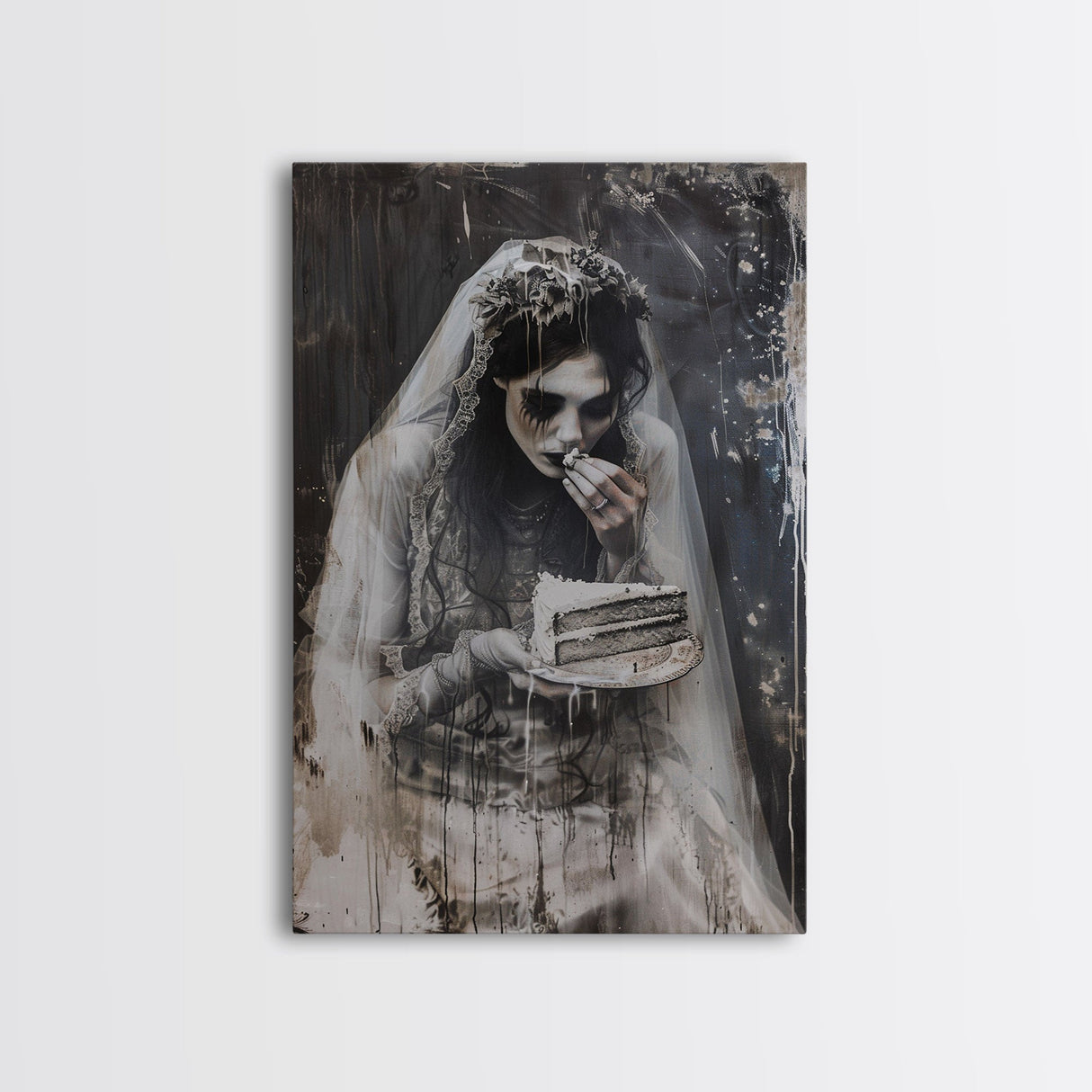 Melancholic Ghost Bride Having A Slice of Birthday Cake, Framed Canvas Print, Halloween Decor