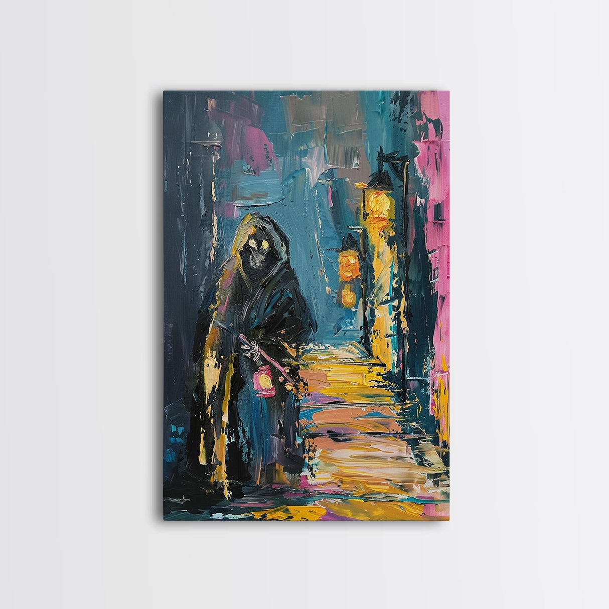 Halloween Grim Reaper with Lantern, Framed Canvas Print, Wall Art, Living Room Decor, Spooky, Grim Reaper Art, Original Painting