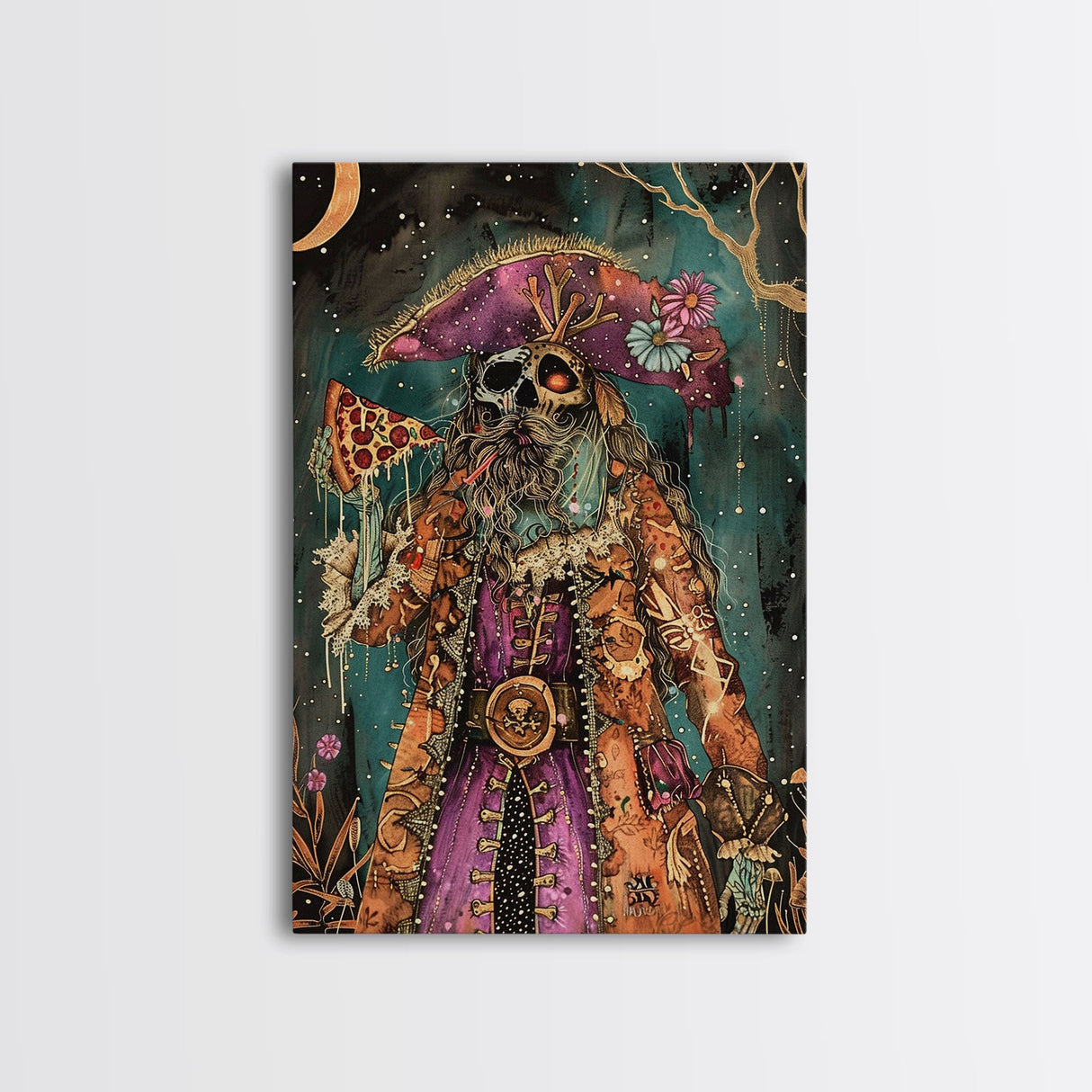 Halloween Pirate Skeleton with Pizza Framed Canvas Print, Spooky Decor, Living Room Art, Fun Halloween Wall Art Home Decor Vintage Style Art