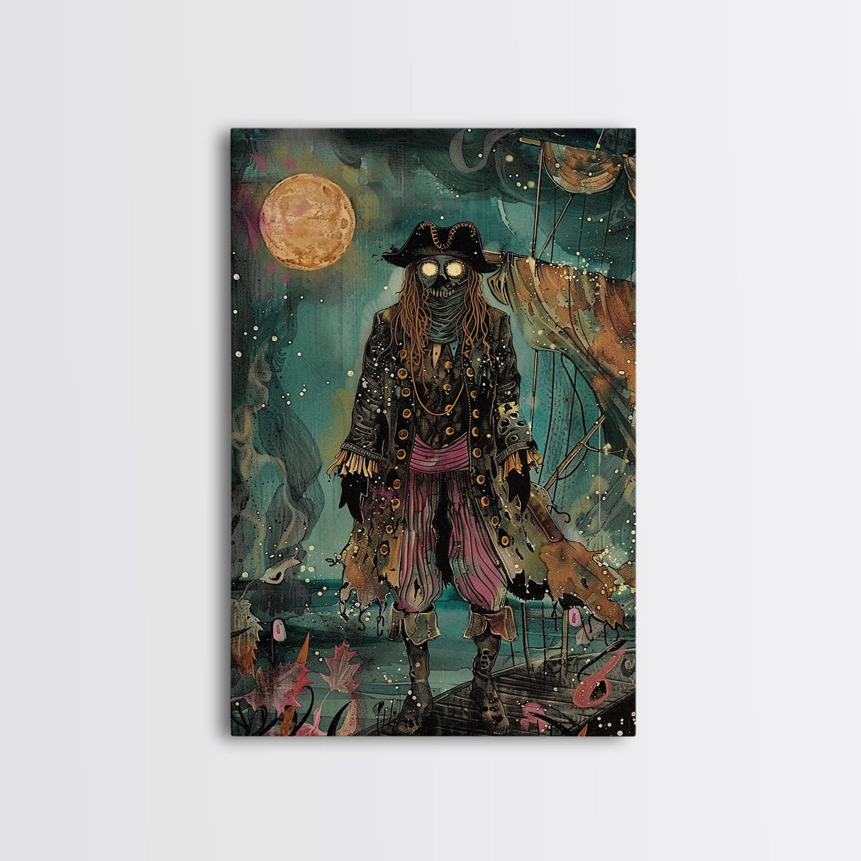 Halloween Ghost Pirate Under Full Moon Framed Canvas Print, Spooky Decor, Living Room Art, Nautical Halloween Wall Art, Home Decoration
