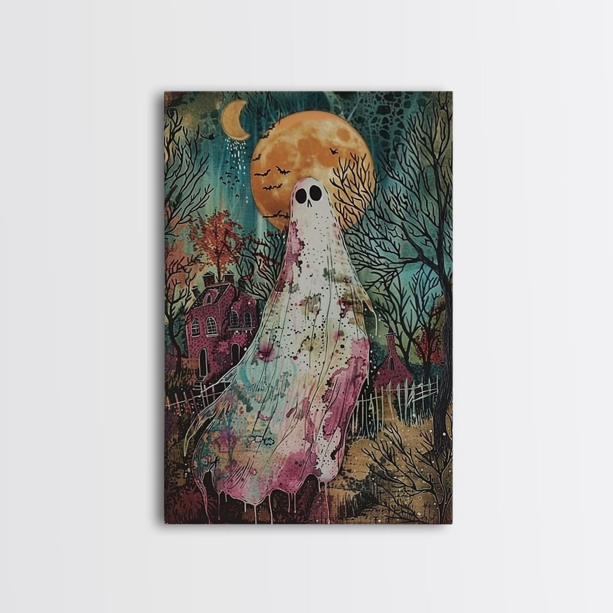 Halloween Ghost in Haunted Forest Framed Canvas Print, Spooky Decor, Living Room Art, Creepy Halloween Wall Art, Home Decoration