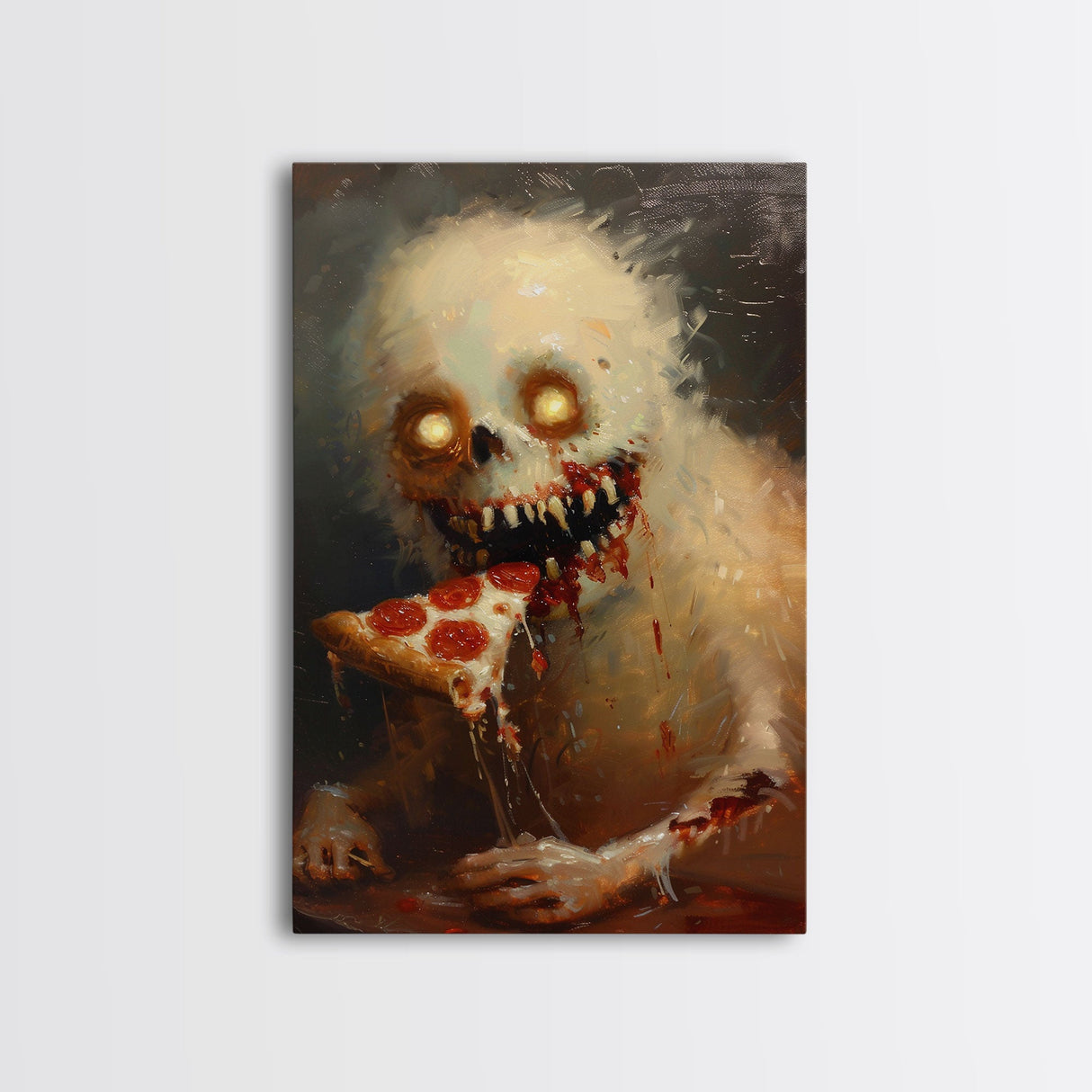 Halloween Ghost with Pizza Framed Canvas Print, Unique Spooky Decor, Living Room Art, Fun Halloween Wall Art, Home Decor, Retro Style Art