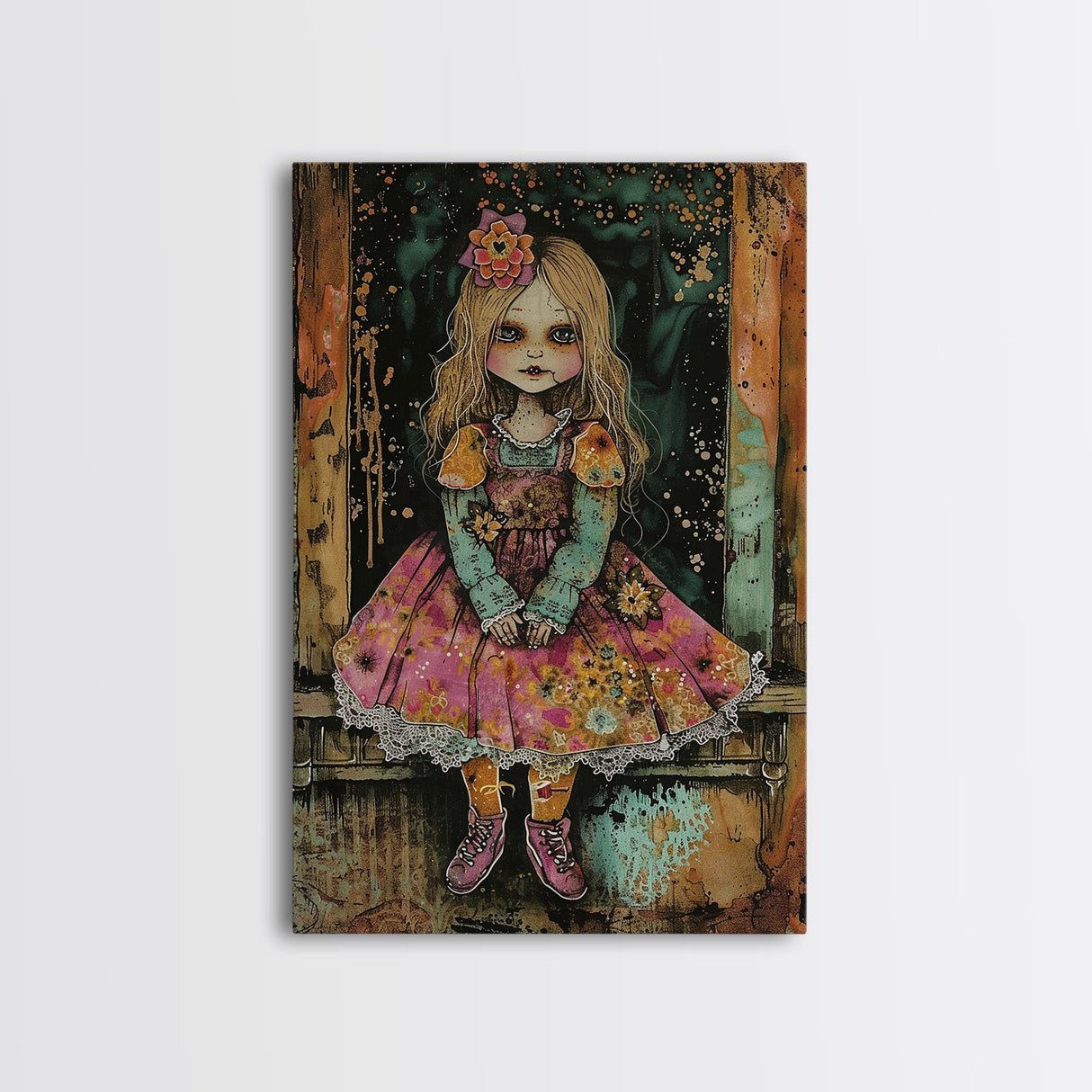 Halloween Witch in Forest Framed Canvas Print, Spooky Decor, Living Room Art, Whimsical Halloween Wall Art, Home Decoration, Retro Style Art
