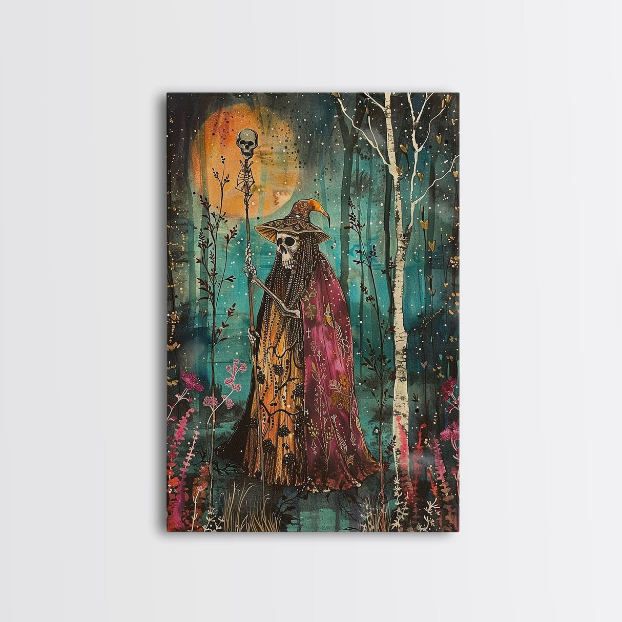 Halloween Skeleton with Spider Webs, Framed Canvas Print, Wall Art, Spooky Decor, Halloween Decoration, Living Room Art, Unique Gift
