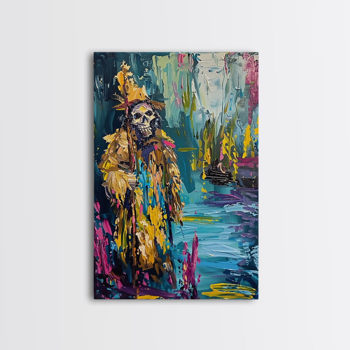 Halloween Skeleton Wizard, Framed Canvas Print, Wall Art, Home Decor, Spooky Artwork, Witchcraft Decor, Fantasy Art, Holiday Decor