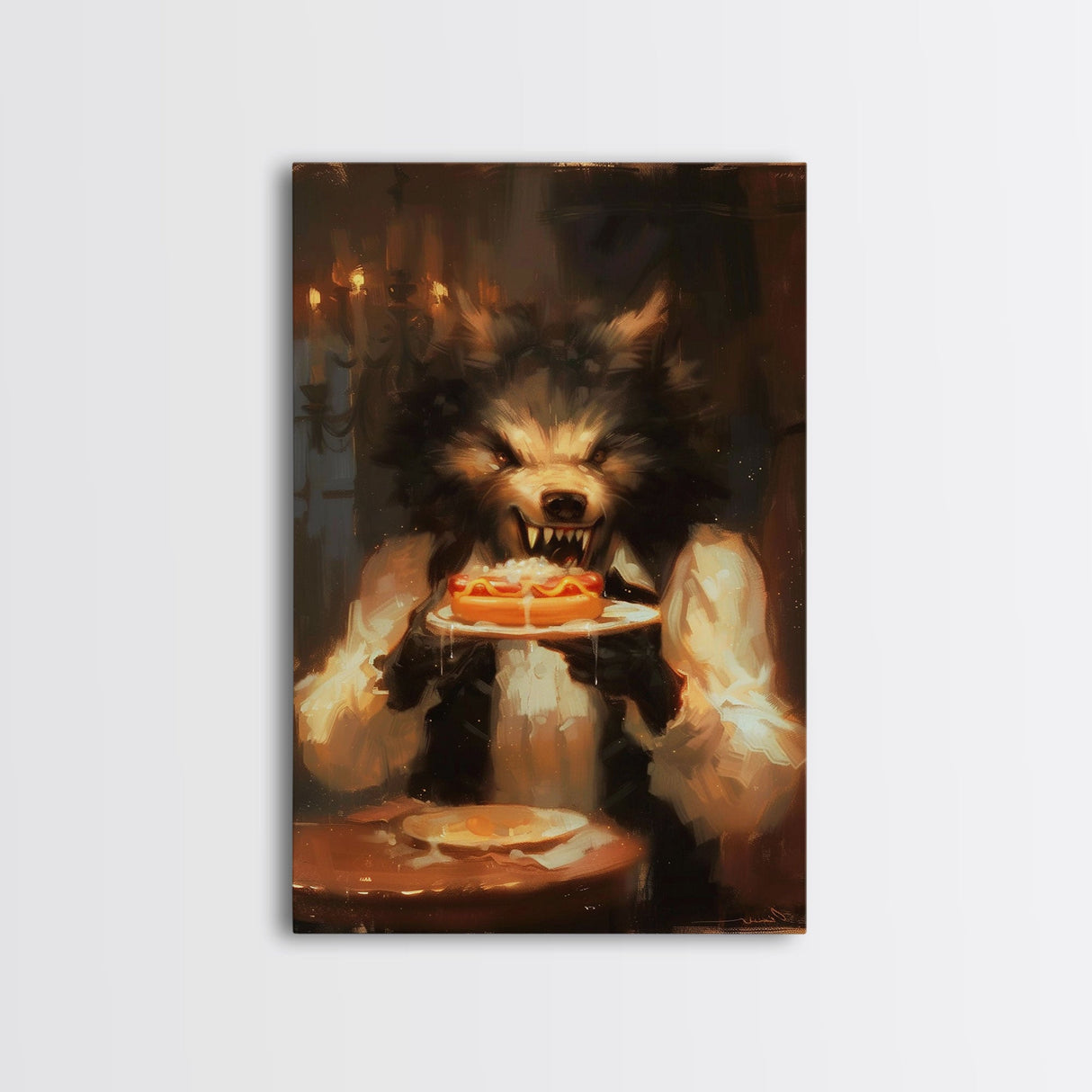 Halloween Werewolf Eating Hotdog, Framed Canvas Print, Wall Art, Spooky Artwork, Fantasy Decor, Halloween Decor, Whimsical Funny Halloween