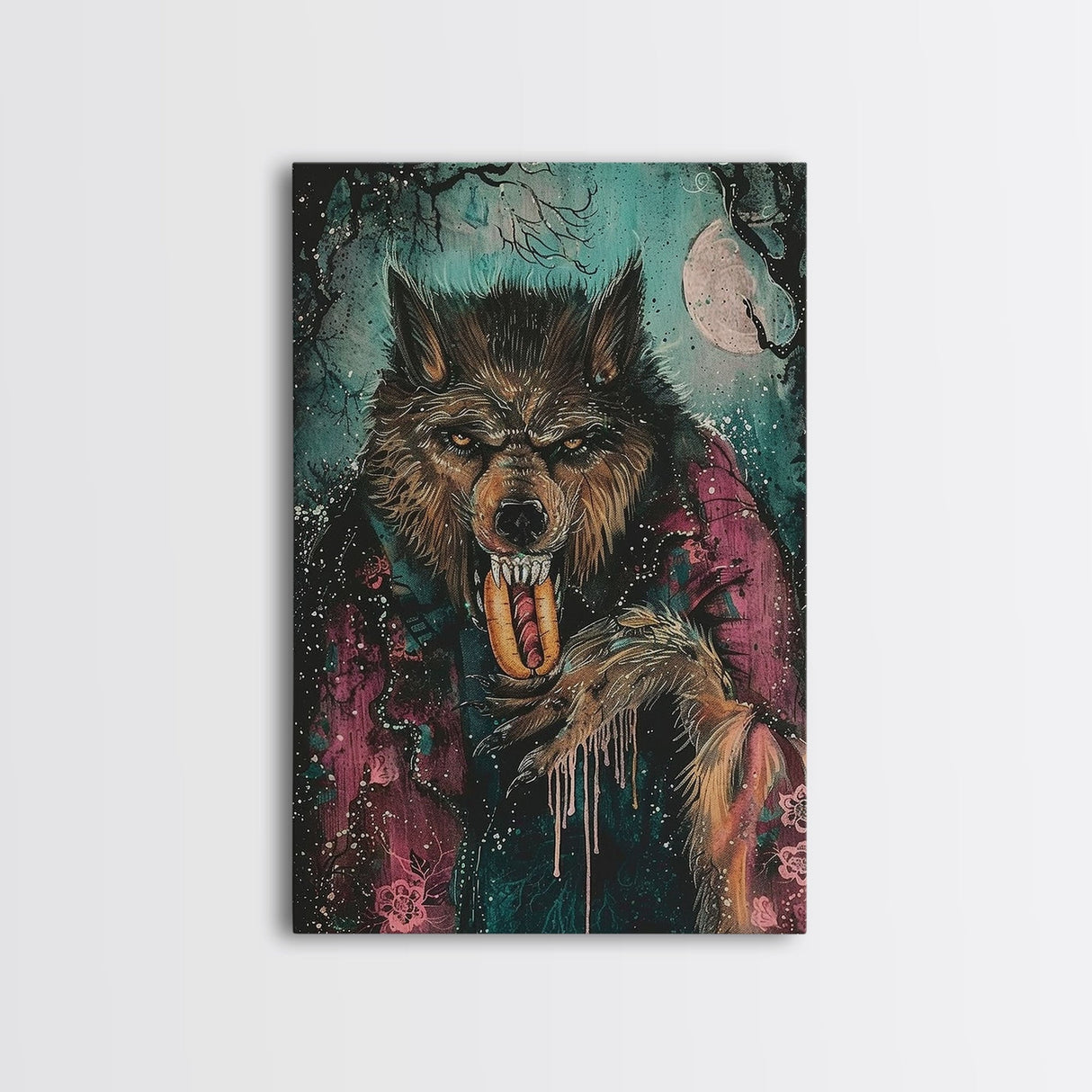 Halloween Werewolf Snarling with Hotdog, Framed Canvas Print, Wall Art, Home Decor, Spooky Artwork, Monster Decor, Halloween Decor