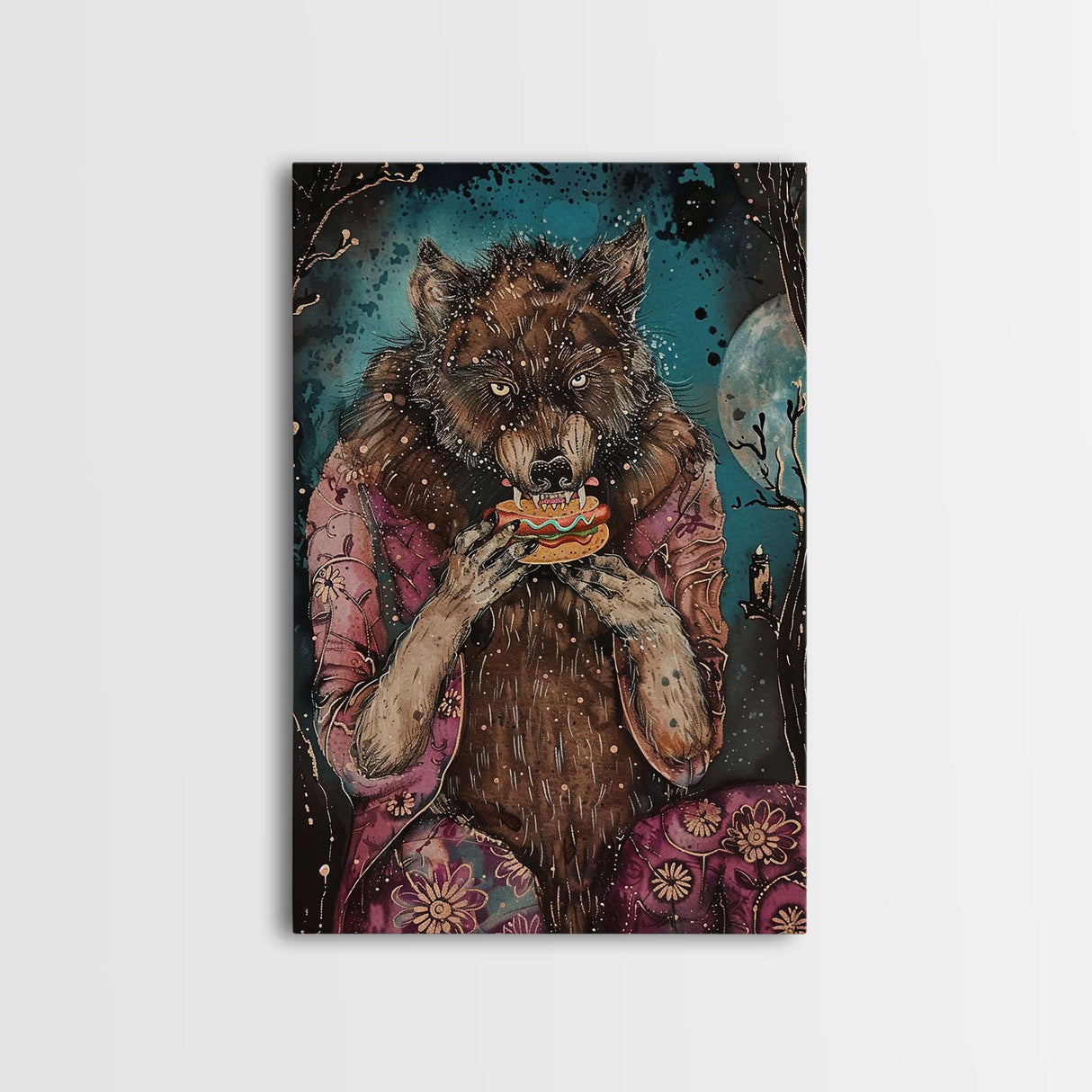 Halloween Werewolf Enjoying Hotdog, Framed Canvas Print, Wall Art, Home Decor, Spooky Artwork, Fantasy Decor, Halloween Decor, Holiday Gift