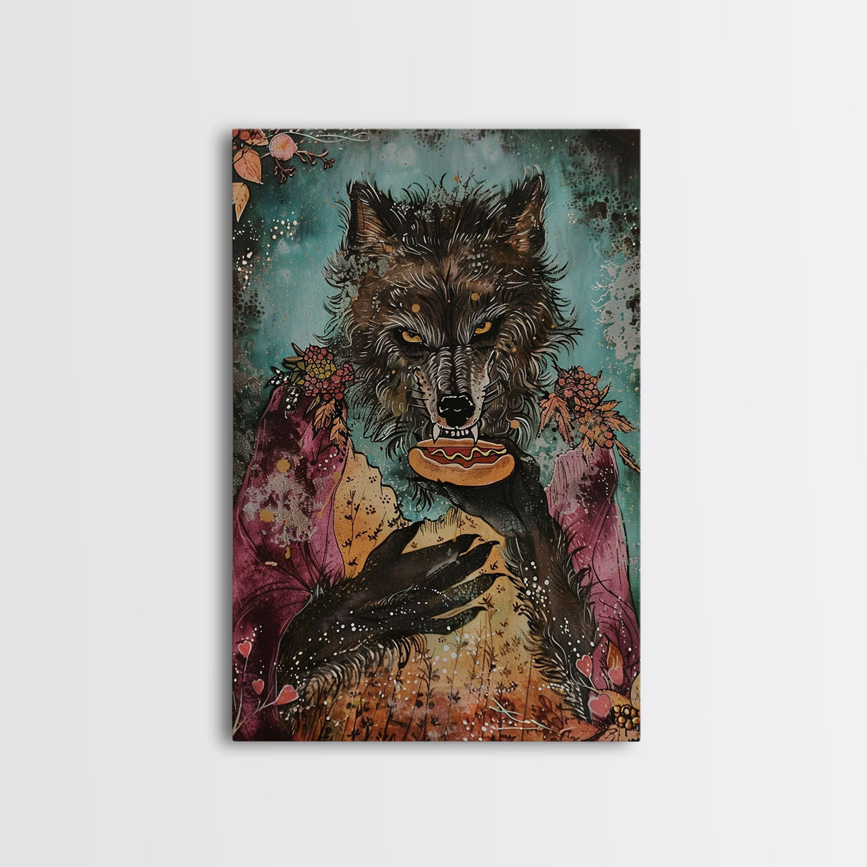 Halloween Werewolf Holding Hotdog, Framed Canvas Print, Wall Art, Home Decor, Spooky Artwork, Fantasy Decor, Halloween Decor