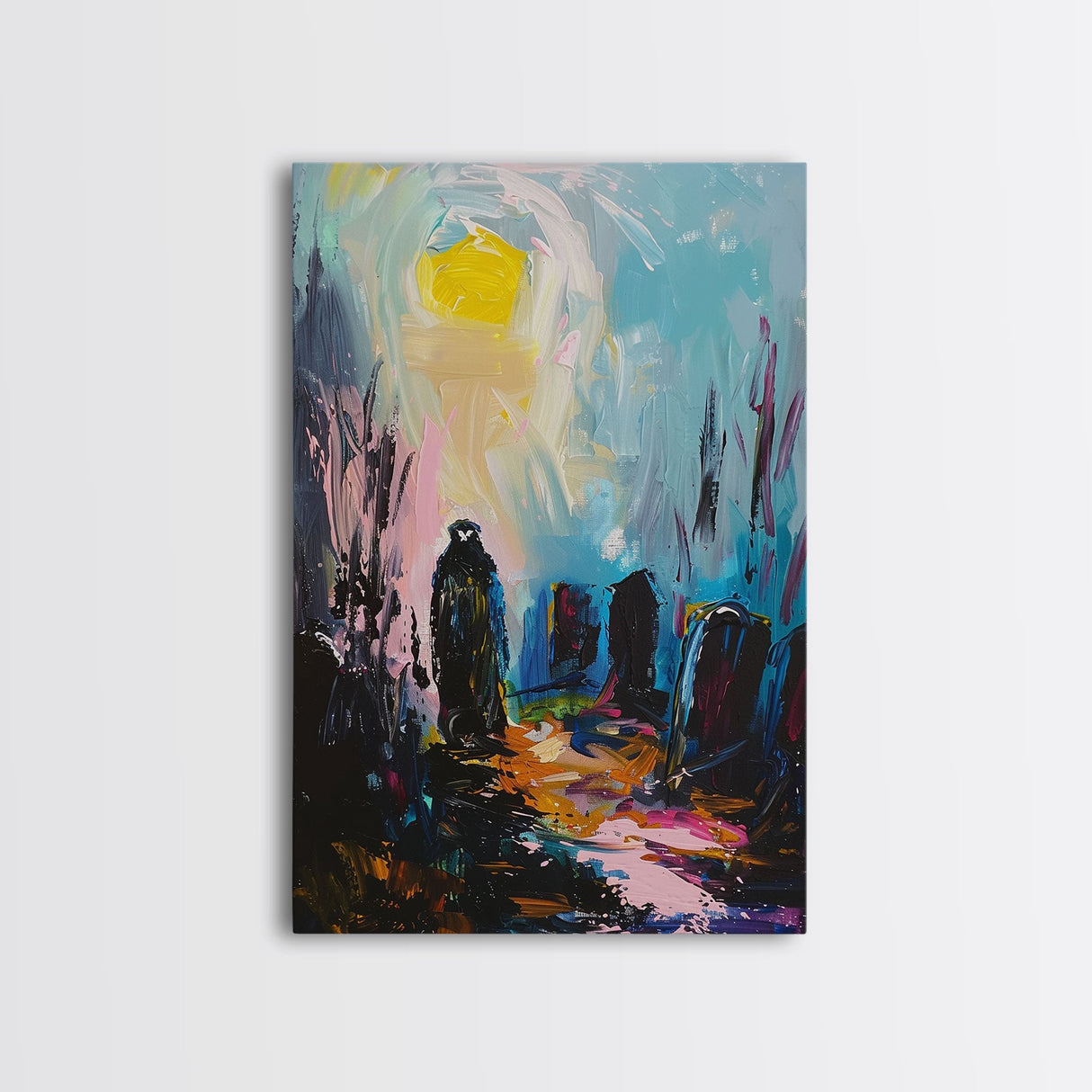 Creepy Haunted Cemetary Framed Canvas Print Halloween Art, Impasto Style Spooky Season Decor