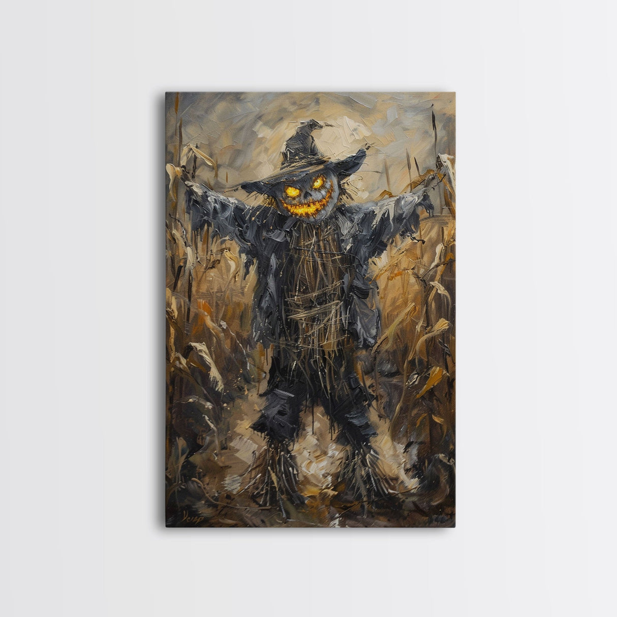 Sinister Scarecrow in Cornfield Framed Canvas Print | Halloween Horror Art | Spooky Farm Art | Creepy Scarecrow Art for Home Decoration