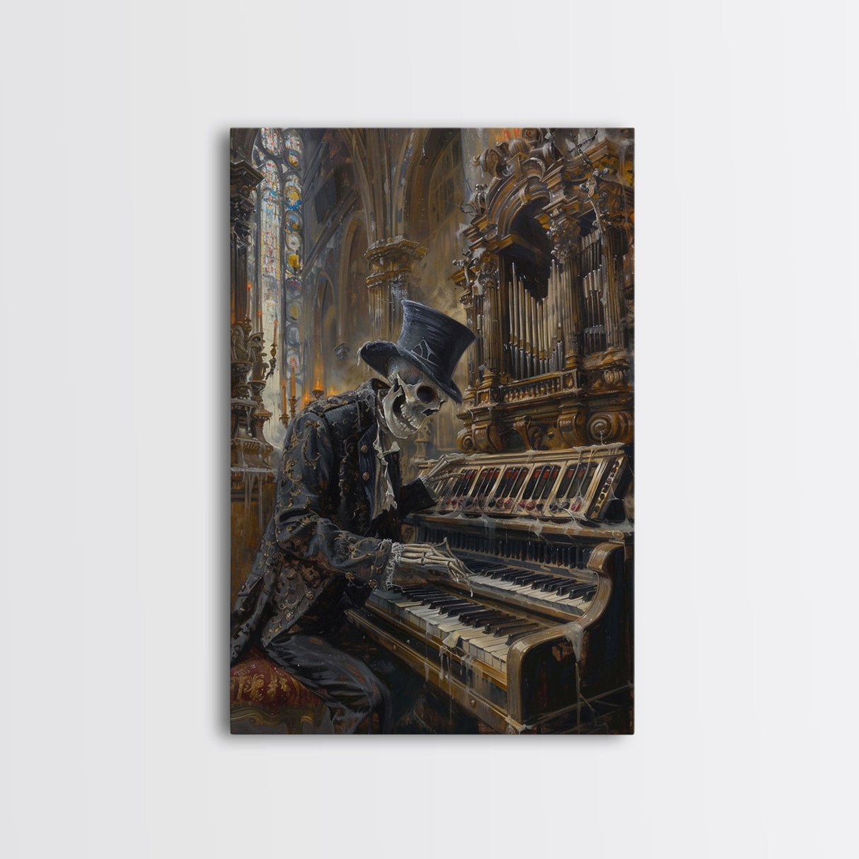 Halloween Skeleton Playing the Organ in Gothic Church - Creepy Skeleton Musician in Haunted Cathedral - Halloween Art Print - Gothic Decor