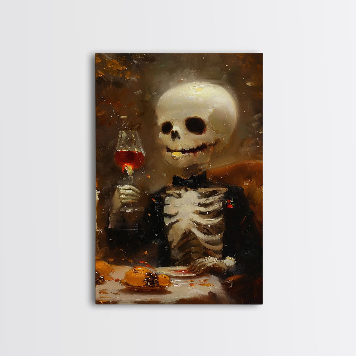 Spooky Skeleton Enjoying a Glass of Wine - Elegant Skeleton Dining - Halloween Art Print - Skeleton Decor - Spooky Art for Halloween Parties