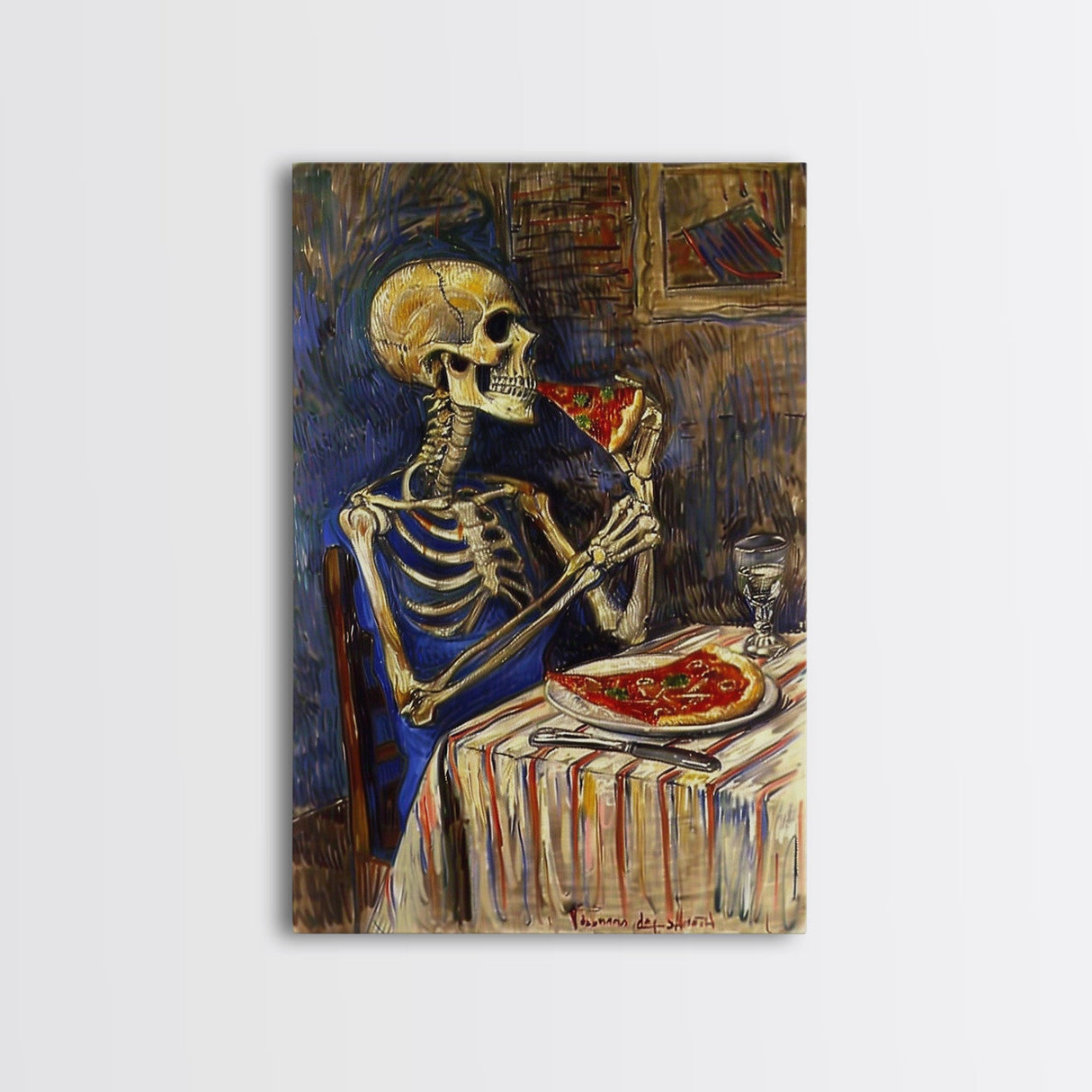 Funny Skeleton Eating A Pizza, Framed Canvas Print, Halloween Decor