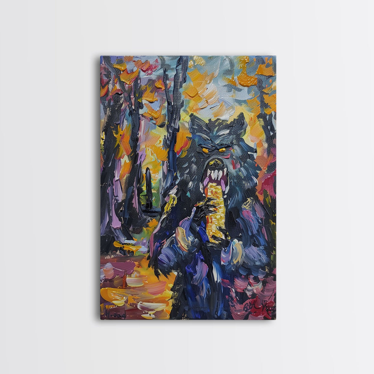 Halloween Art with a Man Holding a Hamburger, Capturing Horror and Humor in One Spooky Wall Art Piece