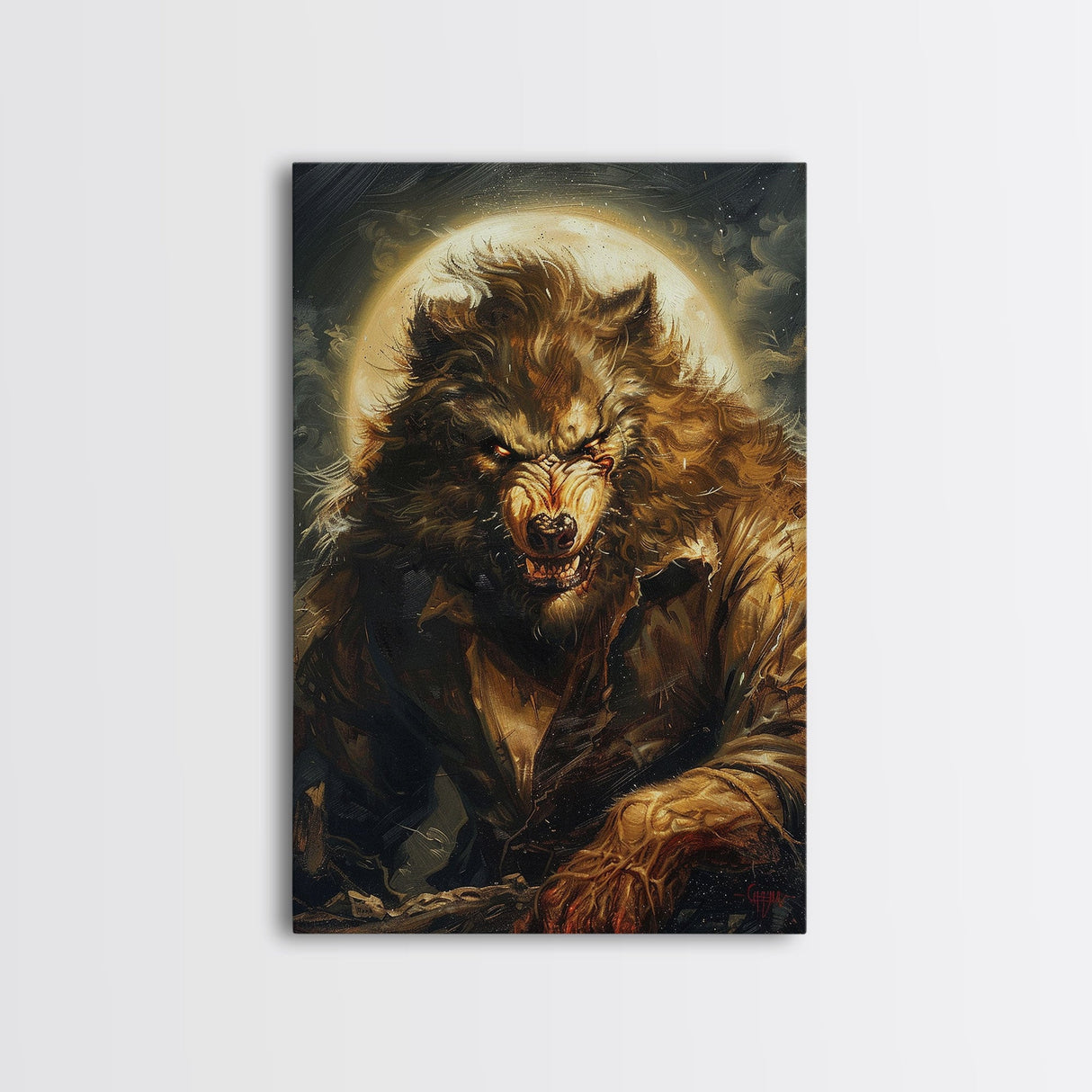 Ferocious Werewolf Under Full Moon Framed Canvas Print | Halloween Monster Art | Spooky Werewolf Decor for Home | Intense Werewolf Artwork