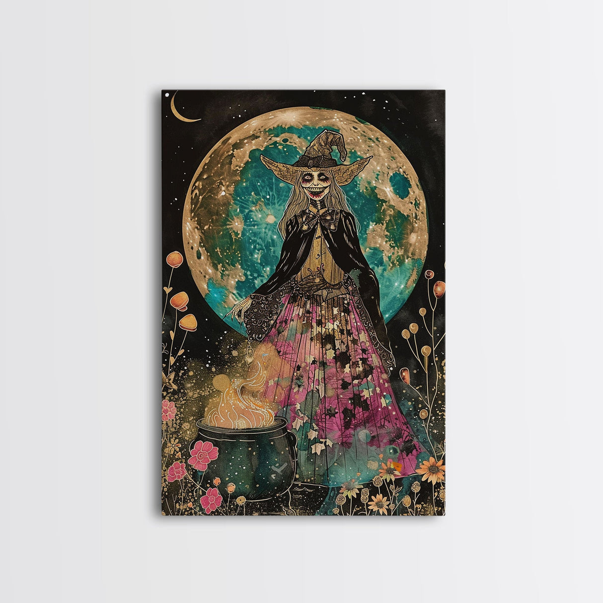 Spooky Witch with Cauldron Under Full Moon Framed Canvas Print | Halloween Witch Art | Witch Decor for Home | Magical Halloween Artwork