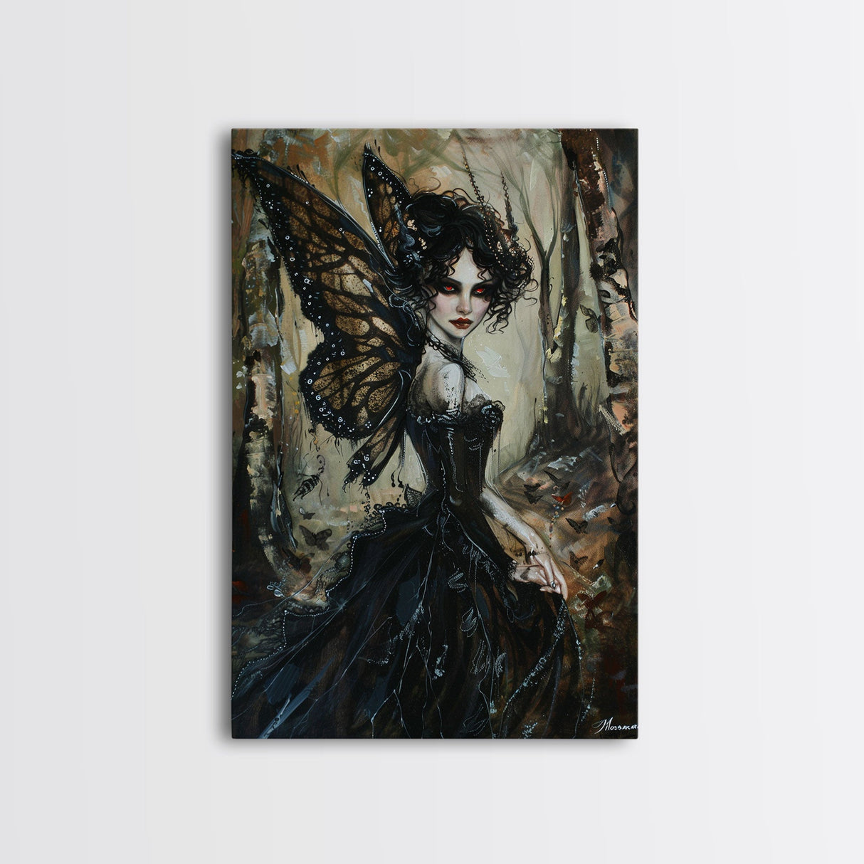 Dark Gothic Fairy with Butterfly Wings| Halloween Wall Art | Spooky Home Decor | Creepy Gothic Fairy Painting | Framed Canvas Print