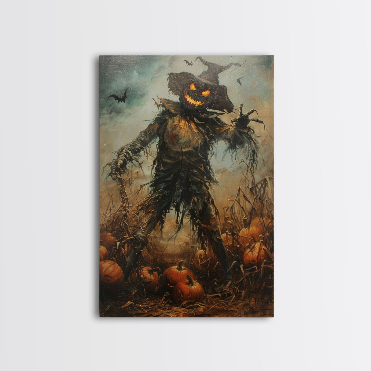 Sinister Scarecrow in Pumpkin Patch | Halloween Wall Art | Spooky Home Decor | Creepy Pumpkin Scarecrow Painting | Framed Canvas Print