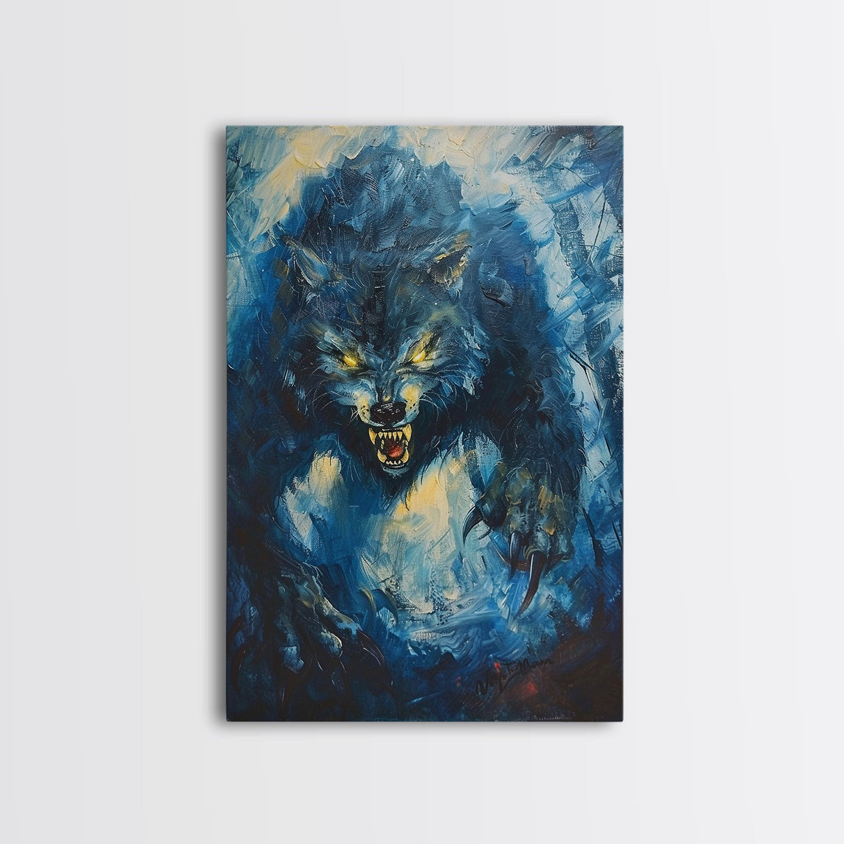 Ferocious Werewolf Growling in Forest | Halloween Wall Art | Spooky Home Decor | Creepy Werewolf Howling Painting | Framed Canvas Print