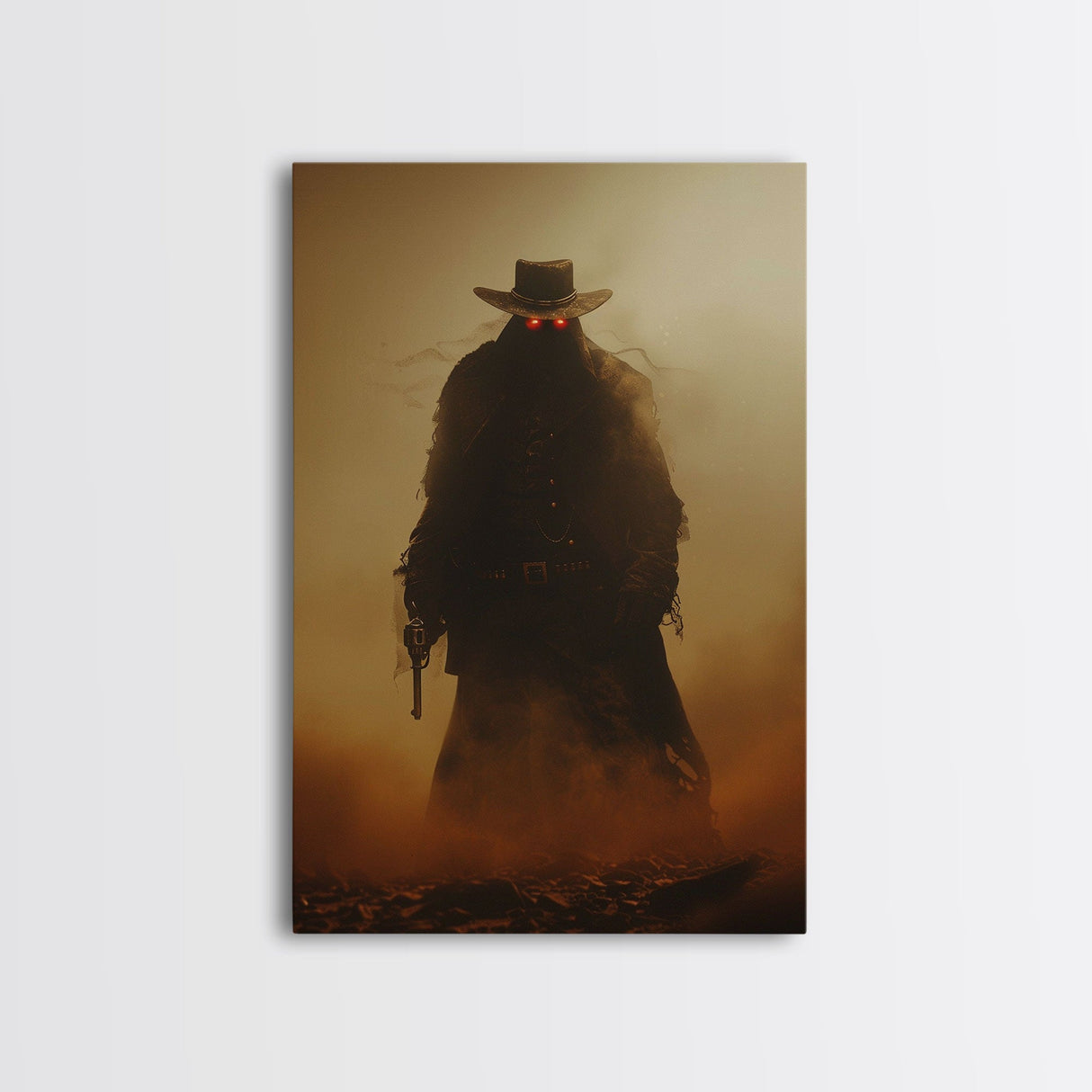 Mysterious Cowboy with Glowing Red Eyes in Desert | Halloween Wall Art | Spooky Home Decor | Creepy Cowboy Painting | Framed Canvas Print