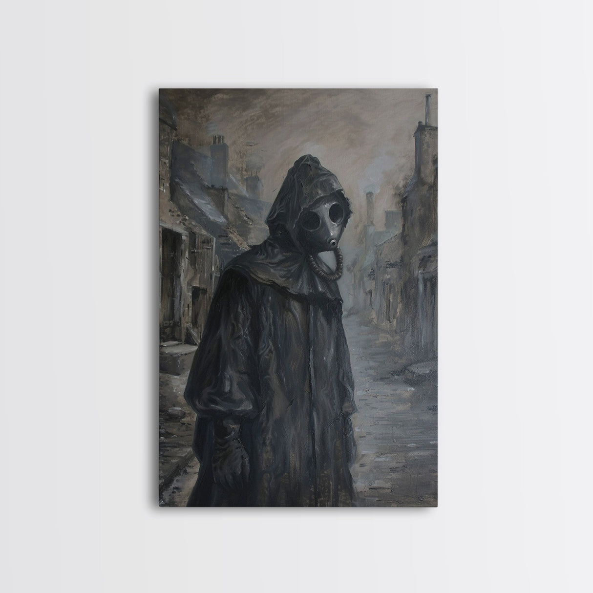 Plague Doctor in Abandoned Town | Halloween Wall Art | Spooky Home Decor | Creepy Plague Doctor Painting | Framed Canvas Print