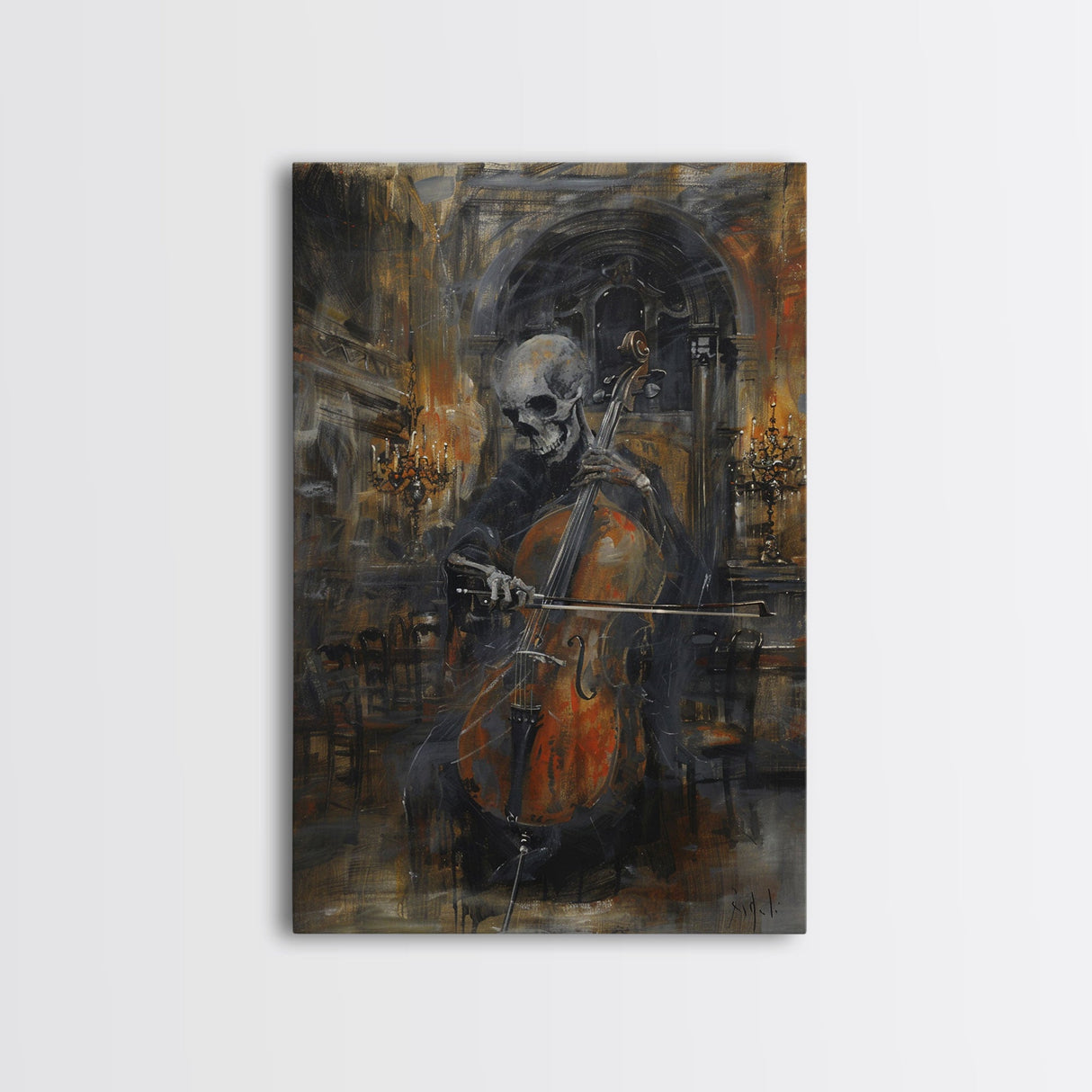 Skeleton Cellist in Gothic Cathedral | Halloween Wall Art | Spooky Home Decor | Creepy Skeleton Musician Painting | Framed Canvas Print