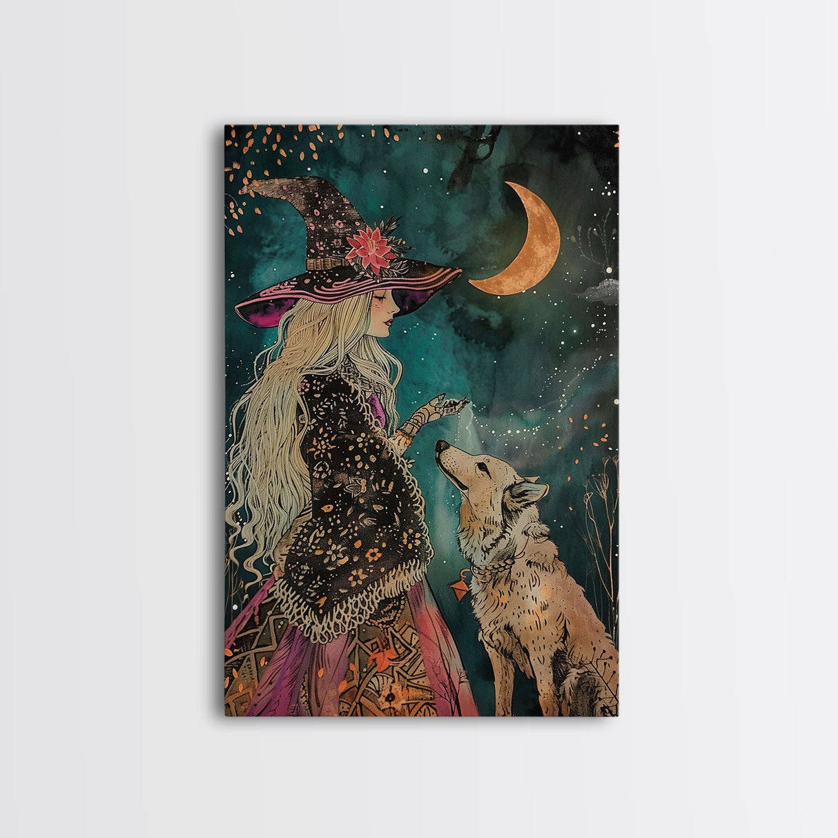 Mystical Witch and Wolf Under Crescent Moon - Halloween Wall Art - Spooky Home Decor - Perfect Halloween Gift - Witch and Wolf Painting