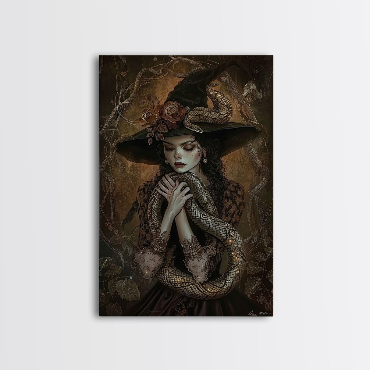 Mysterious Witch Holding Snake, Framed Canvas Print, Gothic Witch Art, Dark Fantasy Decor, Witch and Serpent, Halloween Accessories