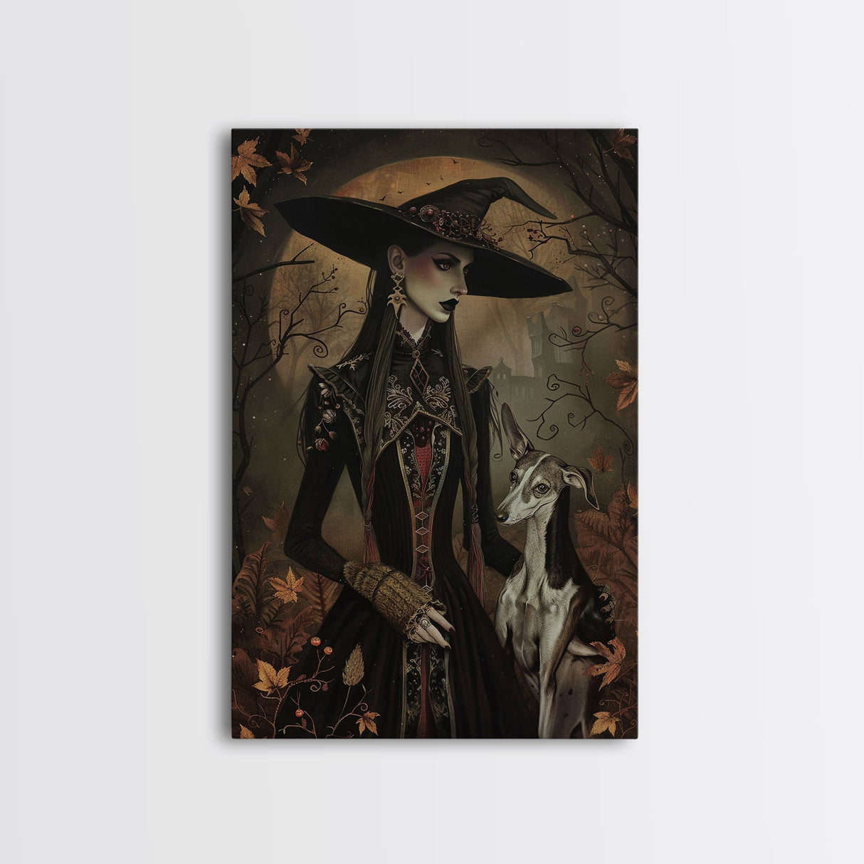 Gothic Witch with Elegant Dog, Framed Canvas Print, Dark Witch Art, Victorian Witch, Halloween Witch Decor, Gothic Home Decor