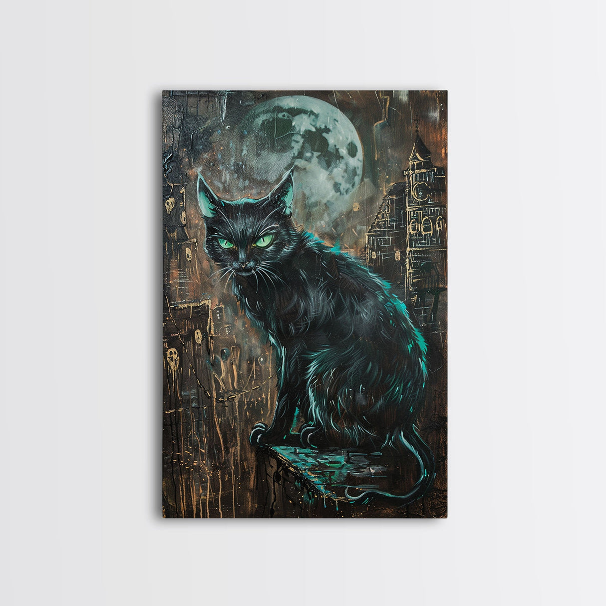 Black Cat with Piercing Green Eyes, Framed Canvas Print, Spooky Cat Art, Witchy Feline Decor, Halloween Wall Art, Gothic Cat Decor