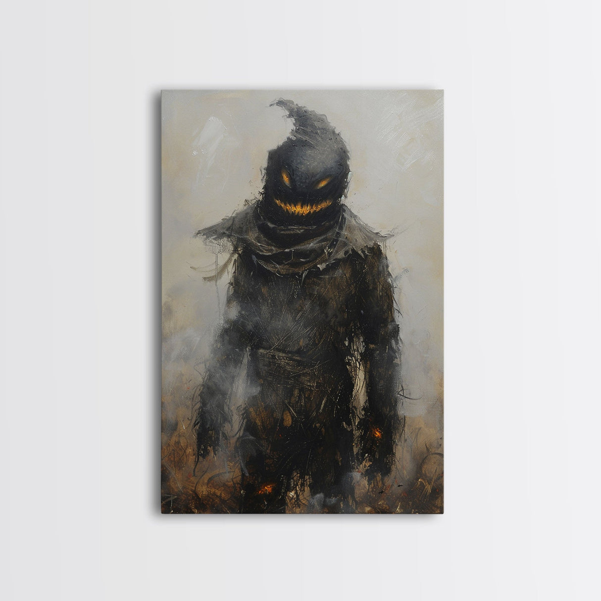 Scarecrow with Glowing Eyes in Dark Field, Framed Canvas Print, Halloween Scarecrow Art, Spooky Farm Decor, Creepy Harvest Illustration
