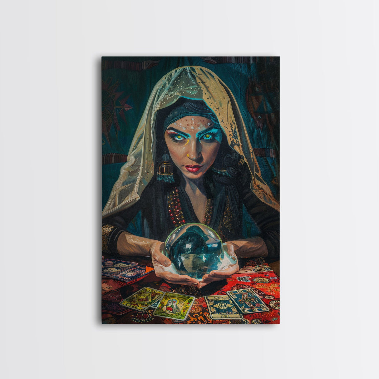 Enchanting Fortune Teller with Crystal Ball Under Moonlight - Mystical Witchcraft Framed Canvas Print, Halloween Gothic Home Decor