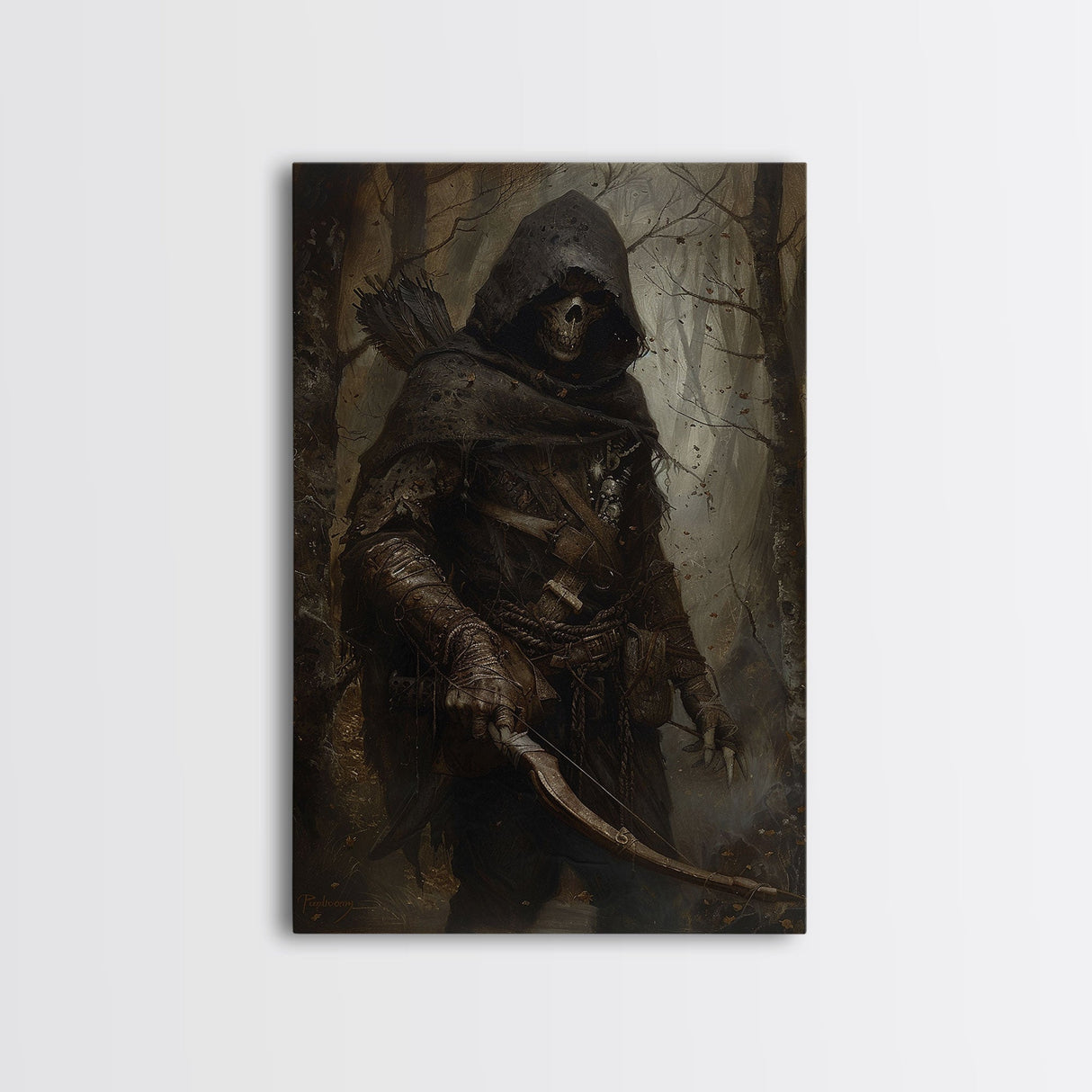 Grim Reaper Archer in Dark Enchanted Forest - Eerie Gothic Wall Art Framed Canvas Print, Unique Spooky Halloween Haunted Homes