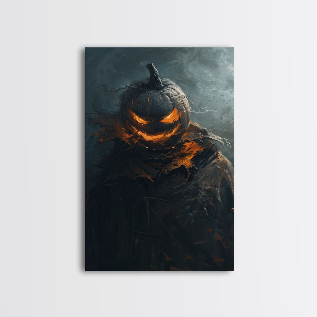 Menacing Pumpkin Head Monster Emerging from Fog - Creepy Halloween Horror Artwork Framed Canvas Print, Spooky Gothic Home Wall Decor