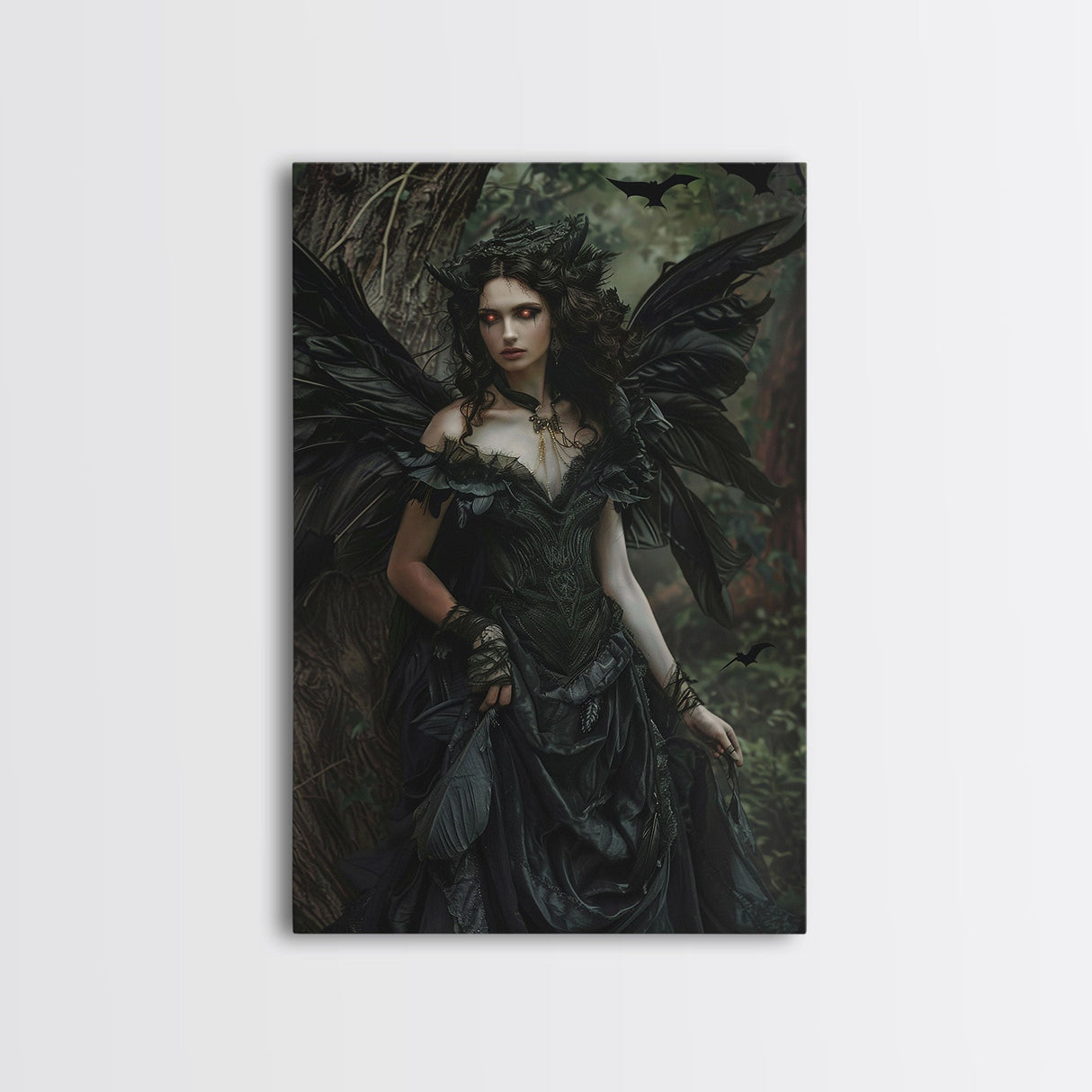 Dark Angel with Glowing Eyes in Haunted Forest - Mysterious Gothic Framed Canvas Print, Halloween Wall Art Decor