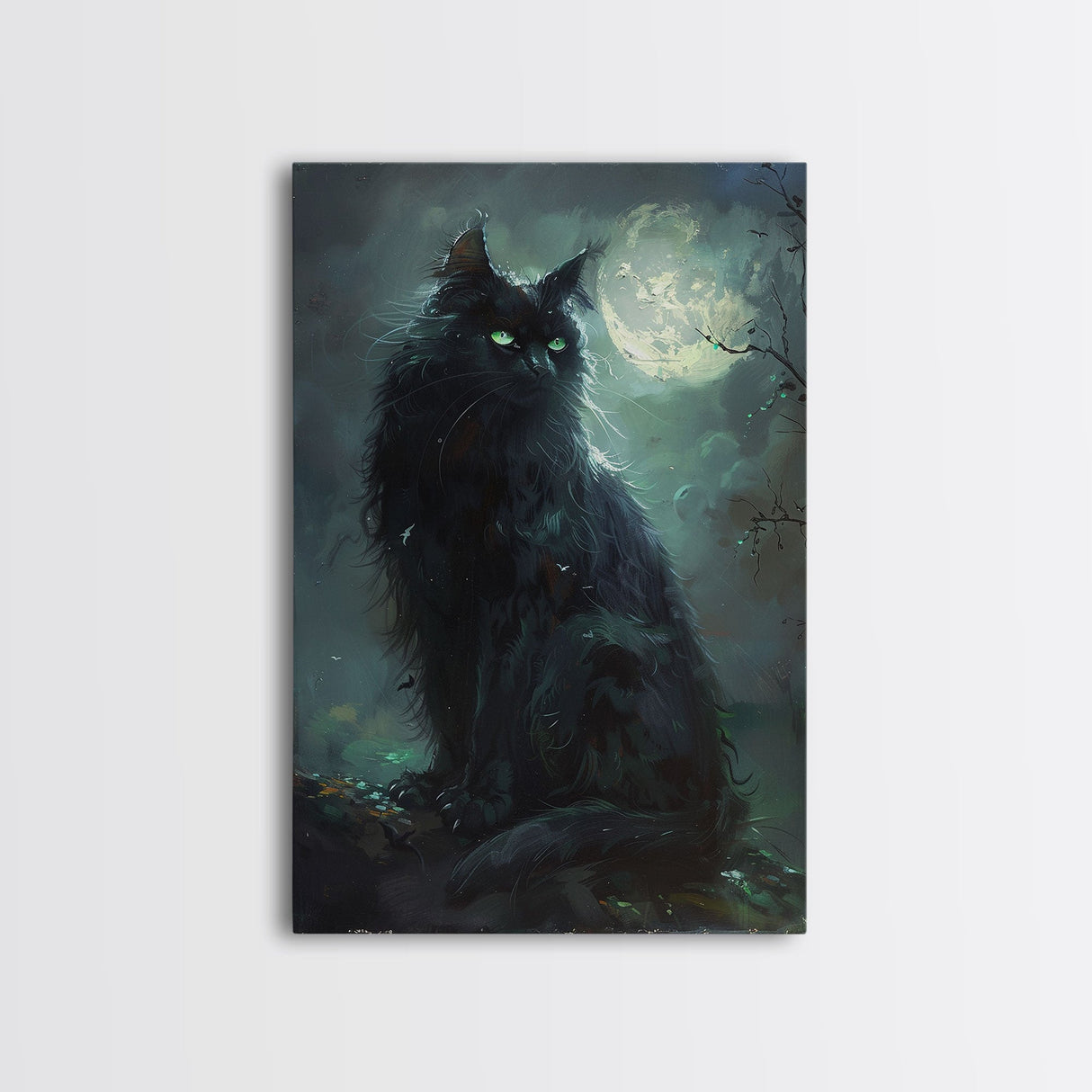 Sinister Black Cat with Green Eyes Under Moonlight - Spooky Halloween Artwork Framed Canvas Print, Gothic Home Wall Decor
