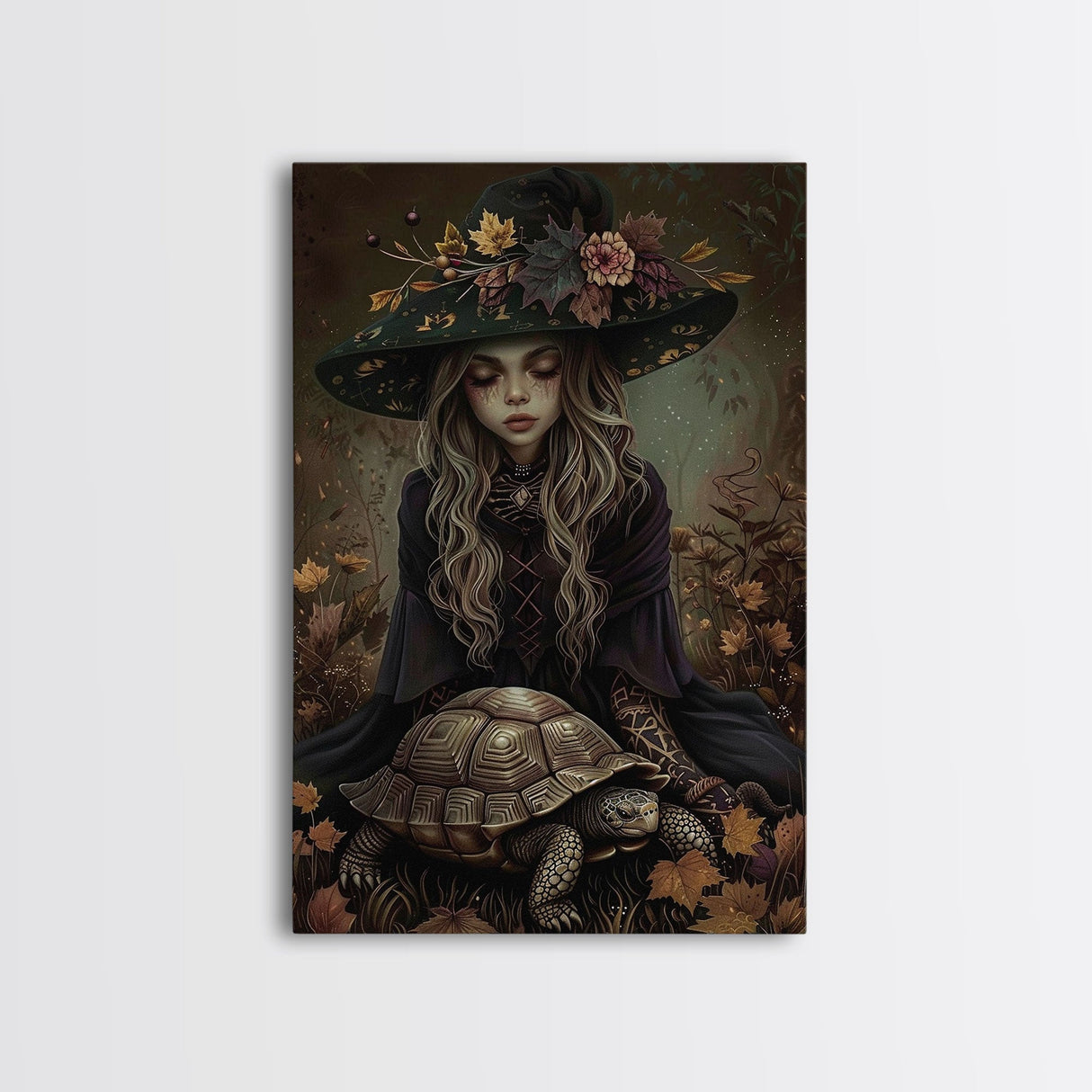 Mystical Witch with Deer in Enchanted Forest - Halloween Art Framed Canvas Print, Spooky Home Wall Decor