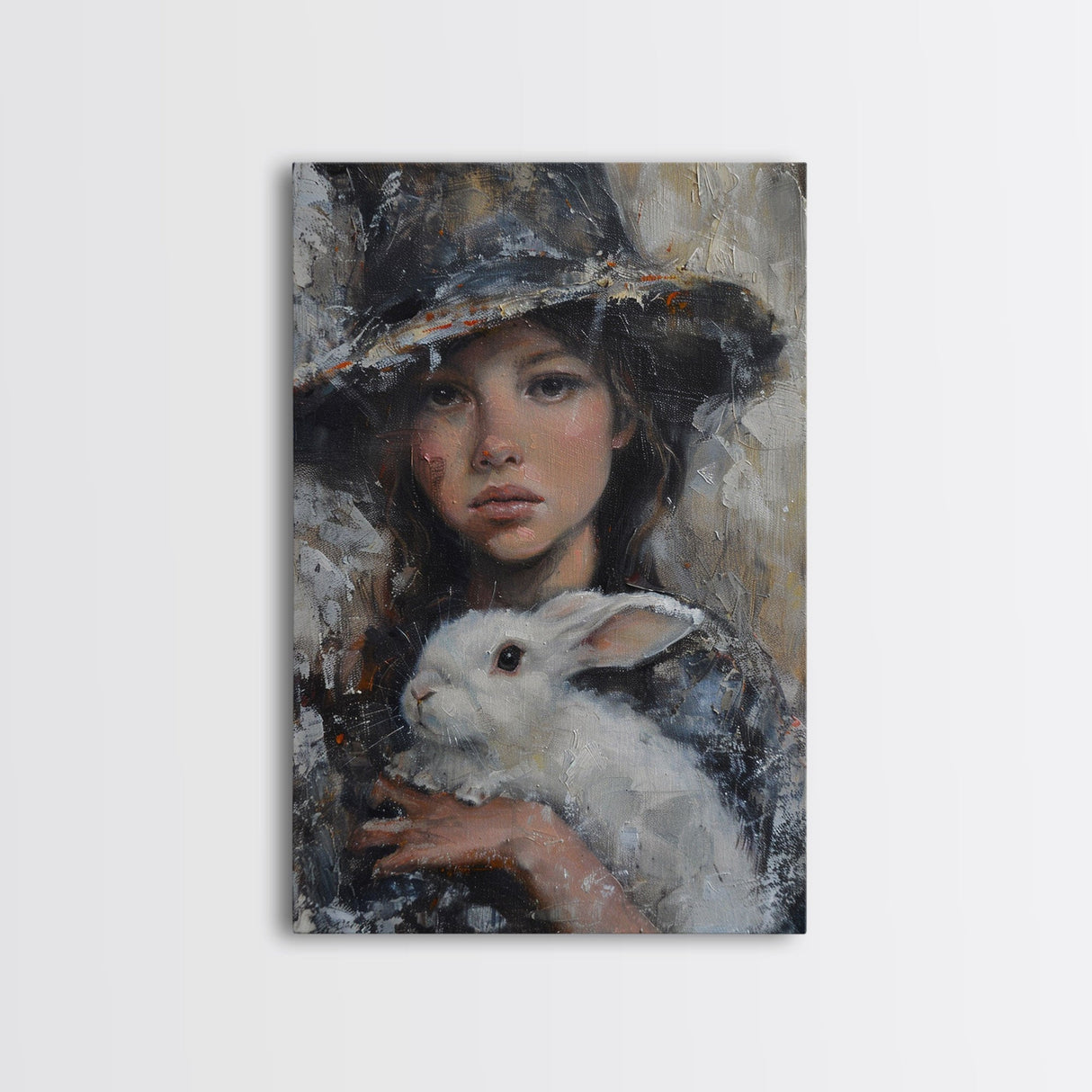Enchanting Witch with White Rabbit in Serene Autumn Setting - Mystical Forest Art Framed Canvas Print, Halloween Home Decor