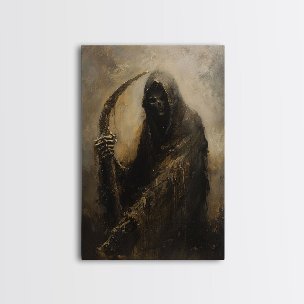 Haunting Grim Reaper with Scythe - Dark Halloween Nightmare Gothic Art Framed Canvas Print, Spooky Wall Decor