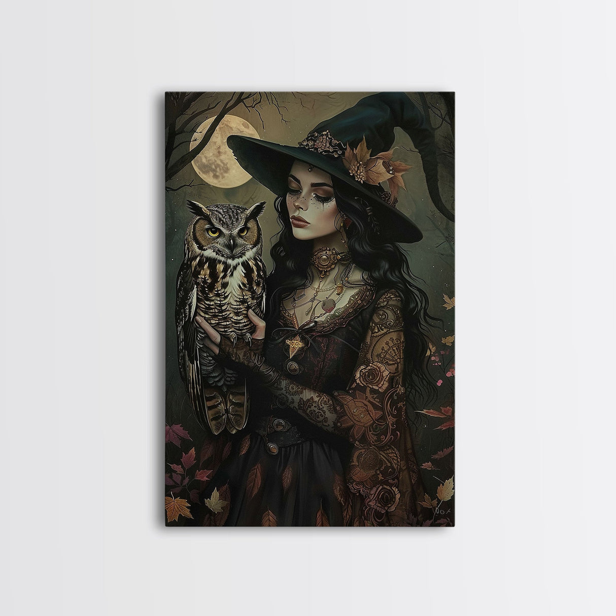Mysterious Witch with Owl Companion - Moonlit Enchantment, Mystical Beauty Framed Canvas Print, Halloween Wall Art