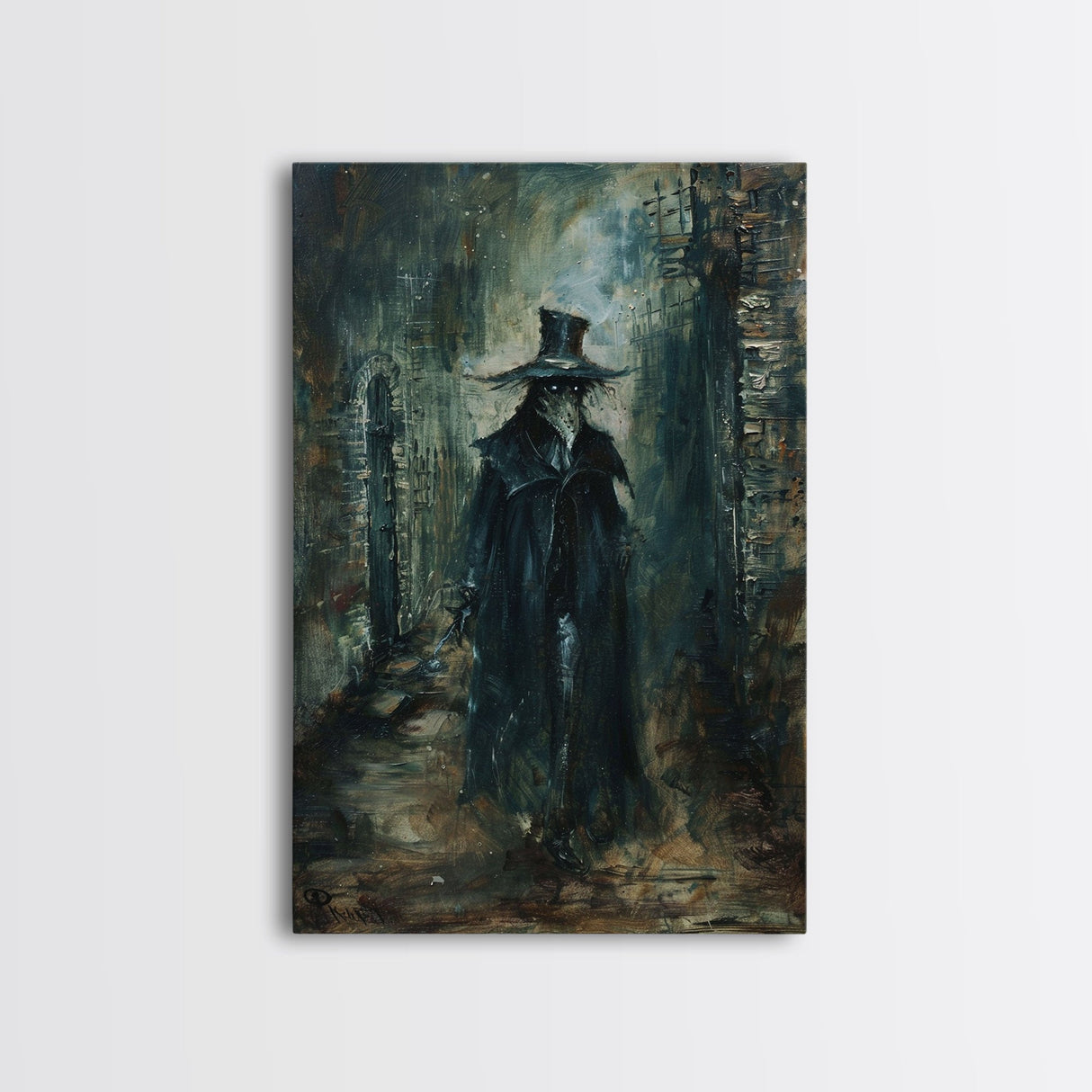 Ghostly Figure in Victorian Attire - Eerie Night Stalker Gothic Art Framed Canvas Print, Halloween Haunted House Decor