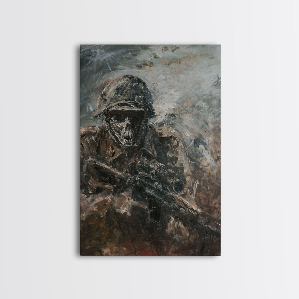 Skeletal Soldier in Battle - Haunting War Scene Gothic Art Framed Canvas Print, Spooky Halloween Decor