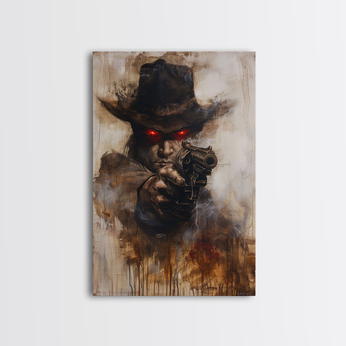 Haunting Cowboy with Red Eyes - Halloween Art, Gothic Art, Spooky Decor, Dark Wild West Art, Menacing Portrait, Framed Canvas Print