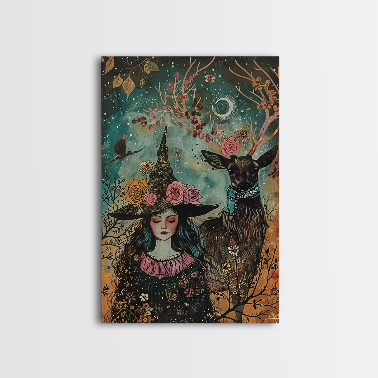Elegant Witch with Tortoise - Halloween Art, Gothic Art, Spooky Decor, Dark Nature Art, Haunting Portrait, Framed Canvas Print