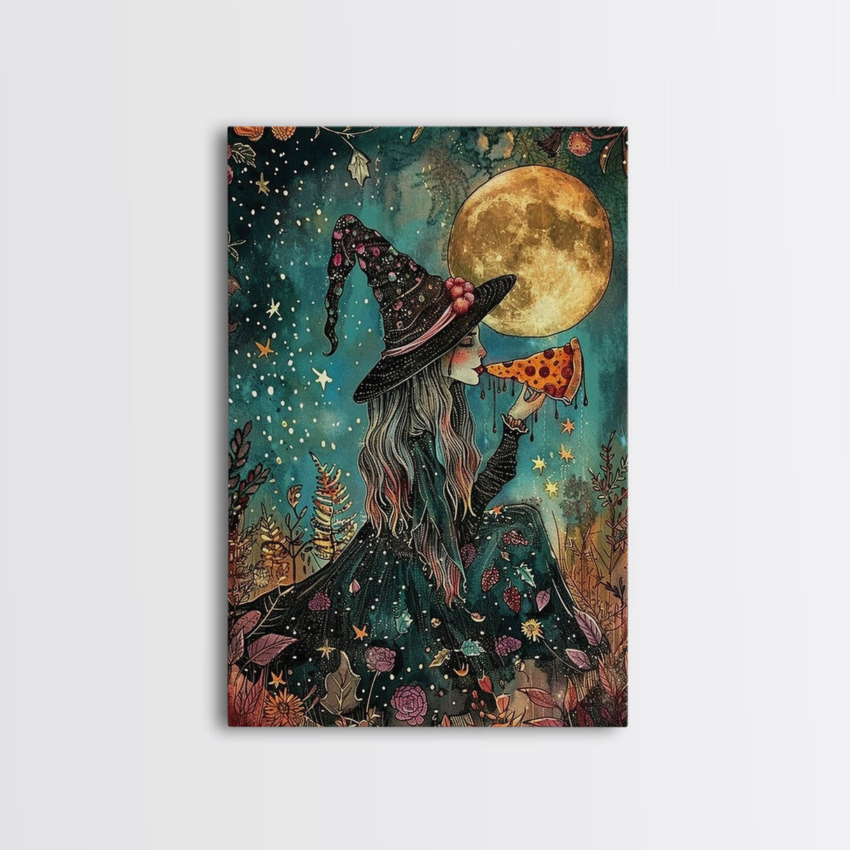 Spring Witch and Her Slice Of Pizza, Framed Canvas Print, Cute / Funny Halloween Art