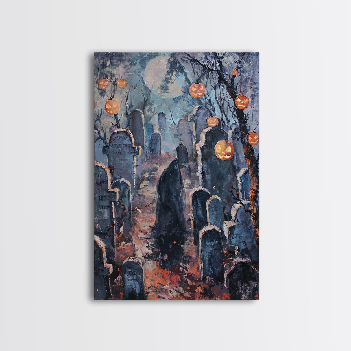 Jack-o'-Lantern Graveyard Canvas Print - Halloween Art, Spooky Home Decor, Cemtary Wall Art Pumpkin Art Halloween Decor, Framed Canvas Print