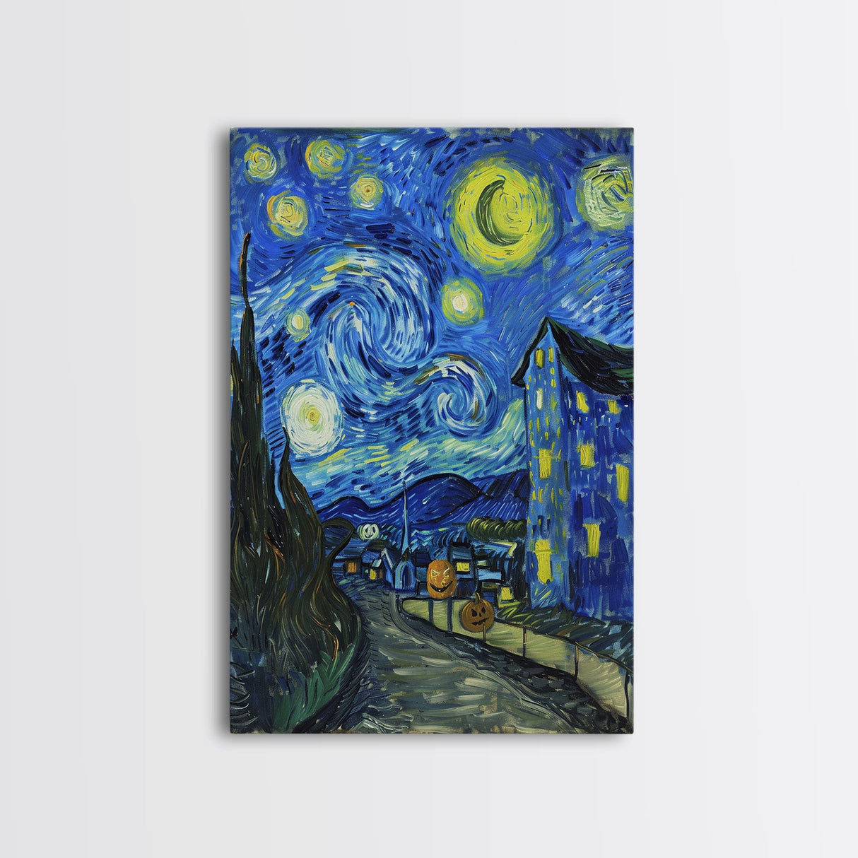 Starry Night Inspired Haunted Halloween Village Framed Canvas Print, Van Gogh Inspired, Spooky Season Halloween Art