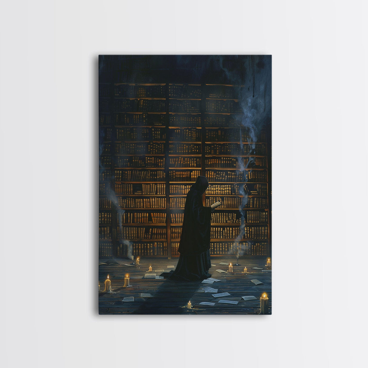 Hooded Figure in Library Halloween Art, Spooky Study, Haunted Library, Creepy Room, Gothic Reading, Framed Canvas Print
